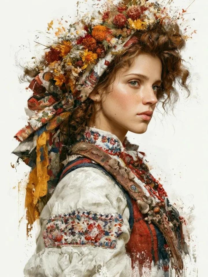 Folk Wildflower Wreath Portrait in Oil Paint — AI result, variation 4 of 4