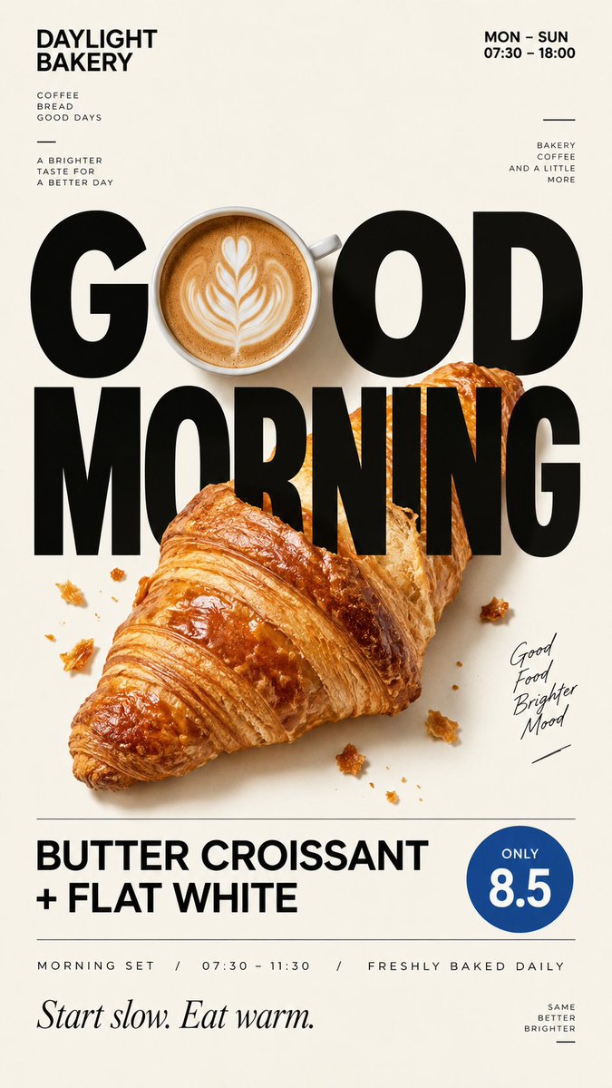 A cream editorial poster where photorealistic food physically interacts with oversized type, such as a cup standing in for a letter or a croissant overlapping…