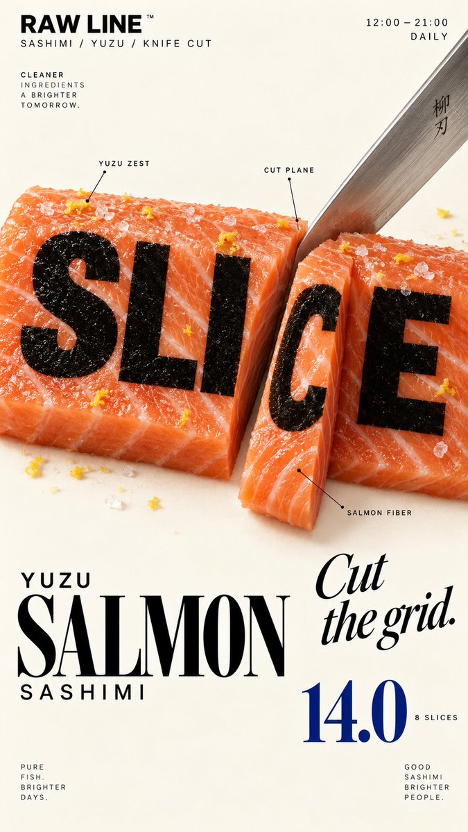 A cream editorial poster where real food physically cuts, wedges, or builds one oversized word. The first glance shows the food and headline; the second shows…