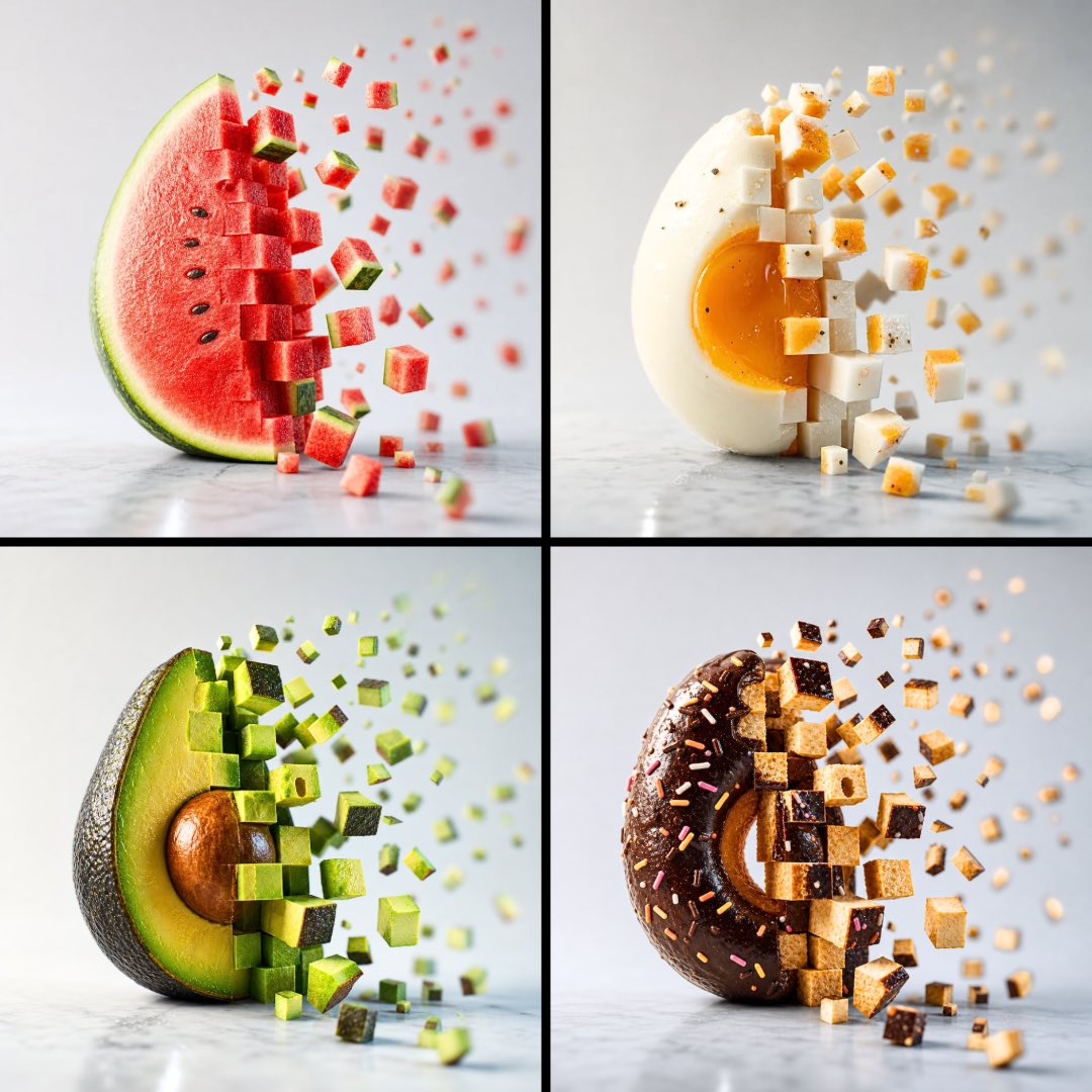 A single dish sits whole on white marble while its right side breaks apart into floating cubes, each one a slice showing the food's interior. Sharp detail on…
