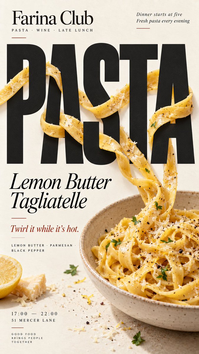 A vertical editorial poster where realistic food sits inside the lettering itself, with elements moving in front of and behind large letters. The result reads…
