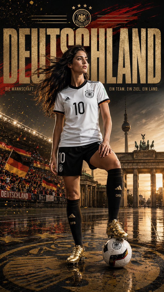 A vertical, magazine-style sports poster with a full-body footballer seated on a stone platform, set against bold black, red and gold graphics and a stadium…