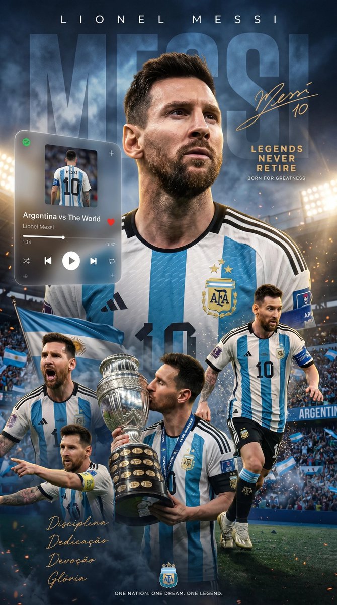 A photoreal sports poster built around a giant hero portrait, stadium floodlights and a glassmorphism music player that reads like a track listing. Three small…