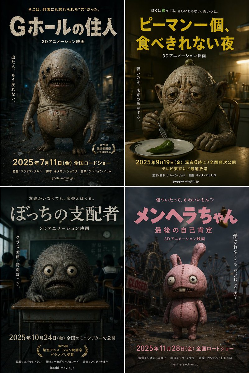 Four Anime Monster Movie Posters with Japanese Titles — AI result, variation 2 of 2