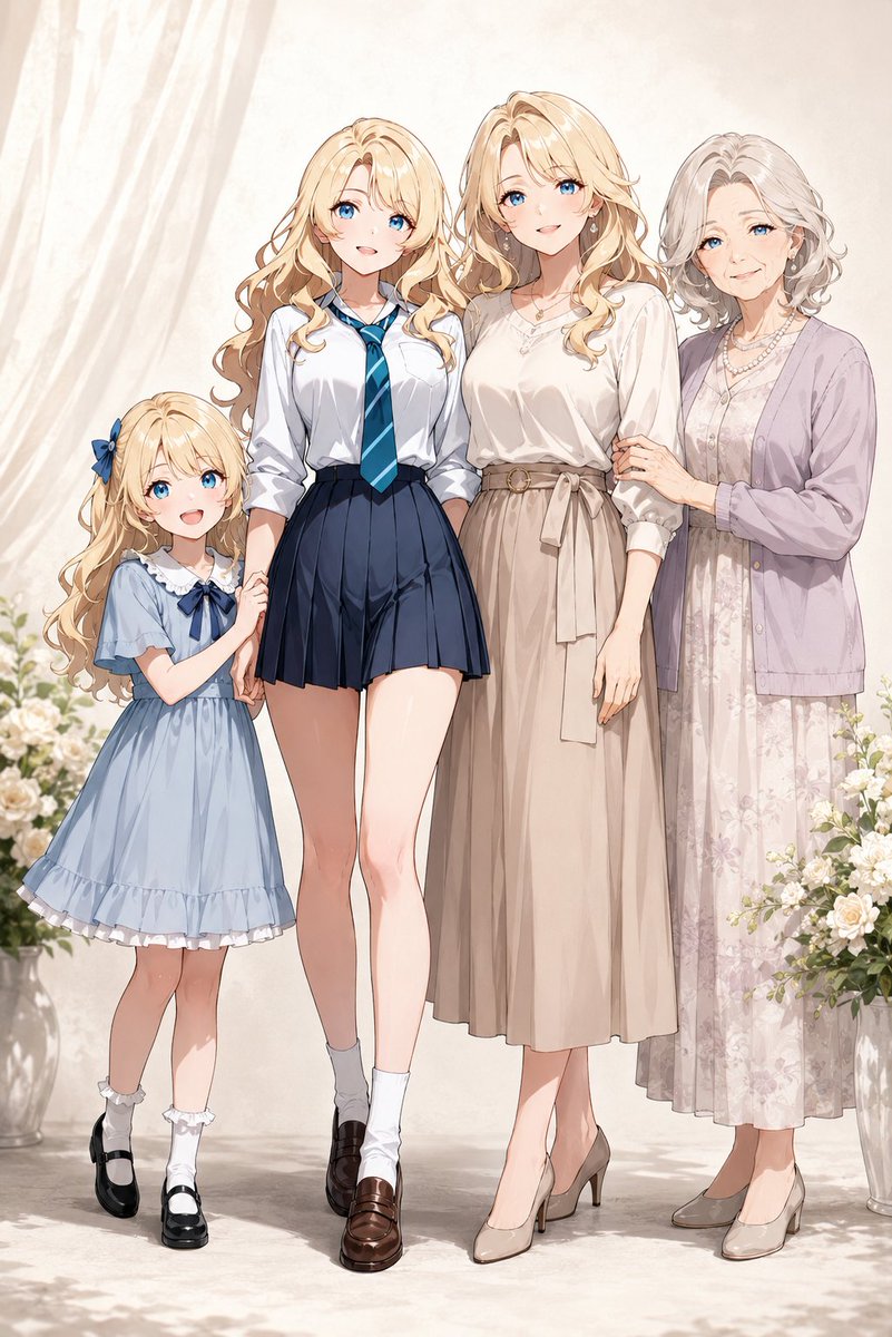Four women from one family stand together in a soft studio light, from a child to a grandmother. Shared eyes, hair colour and mood tie the generations…