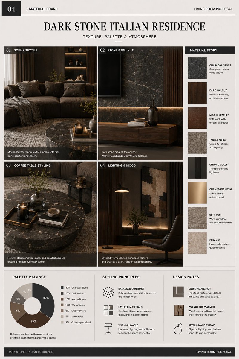 Four-Page Dark Stone Residence Board for Interiors — AI result, variation 4 of 4