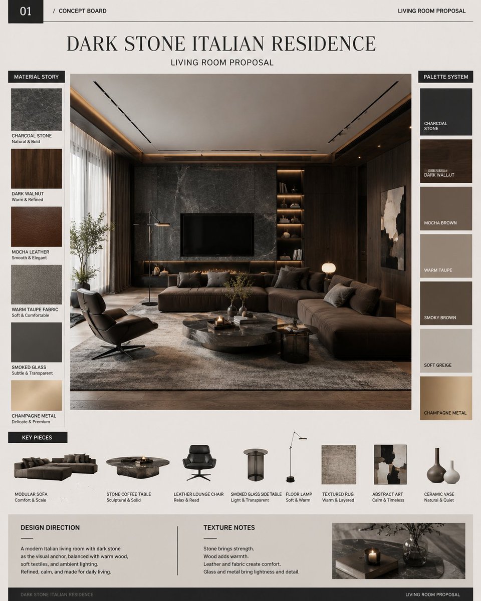 A four-page series of design sheets for a dark, refined living room, showing the room in a wide hero shot, an exploded view, a catalog of furnishings and a…