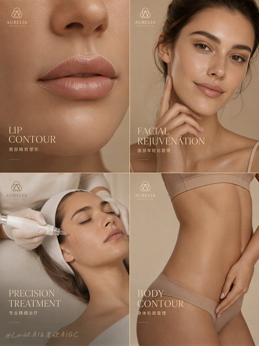 A square four-panel layout moves from a lip contour close-up to a facial portrait, a neutral treatment scene and a body contour detail. Warm beige and…