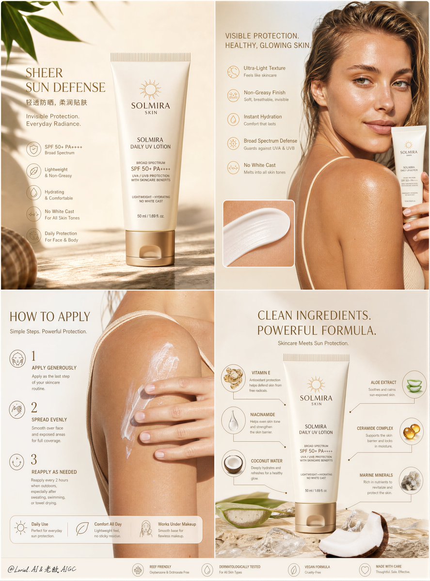 Four-Panel Sunscreen Detail Page Design Prompt — AI result, variation 2 of 2