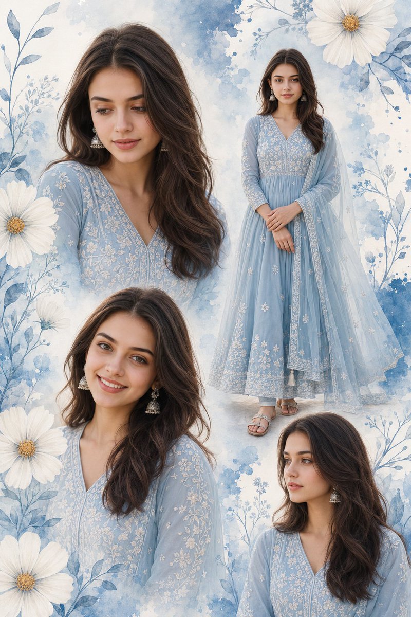 A vertical poster arranges four portraits of one young woman in a powder-blue embroidered suit, each in a different pose, over a soft watercolor sky with white…