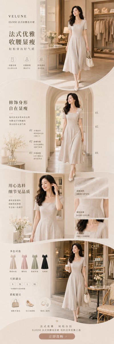 A single tall vertical product page, divided into four stacked sections that read as one continuous brand layout. The main visual, fit notes, fabric close-ups…