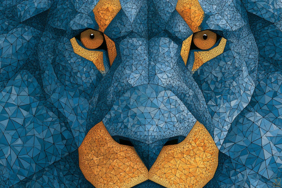 The subject is rebuilt from nested triangles that repeat at smaller and smaller scales, so the figure reads as both an image and a lattice. Two bold colours…