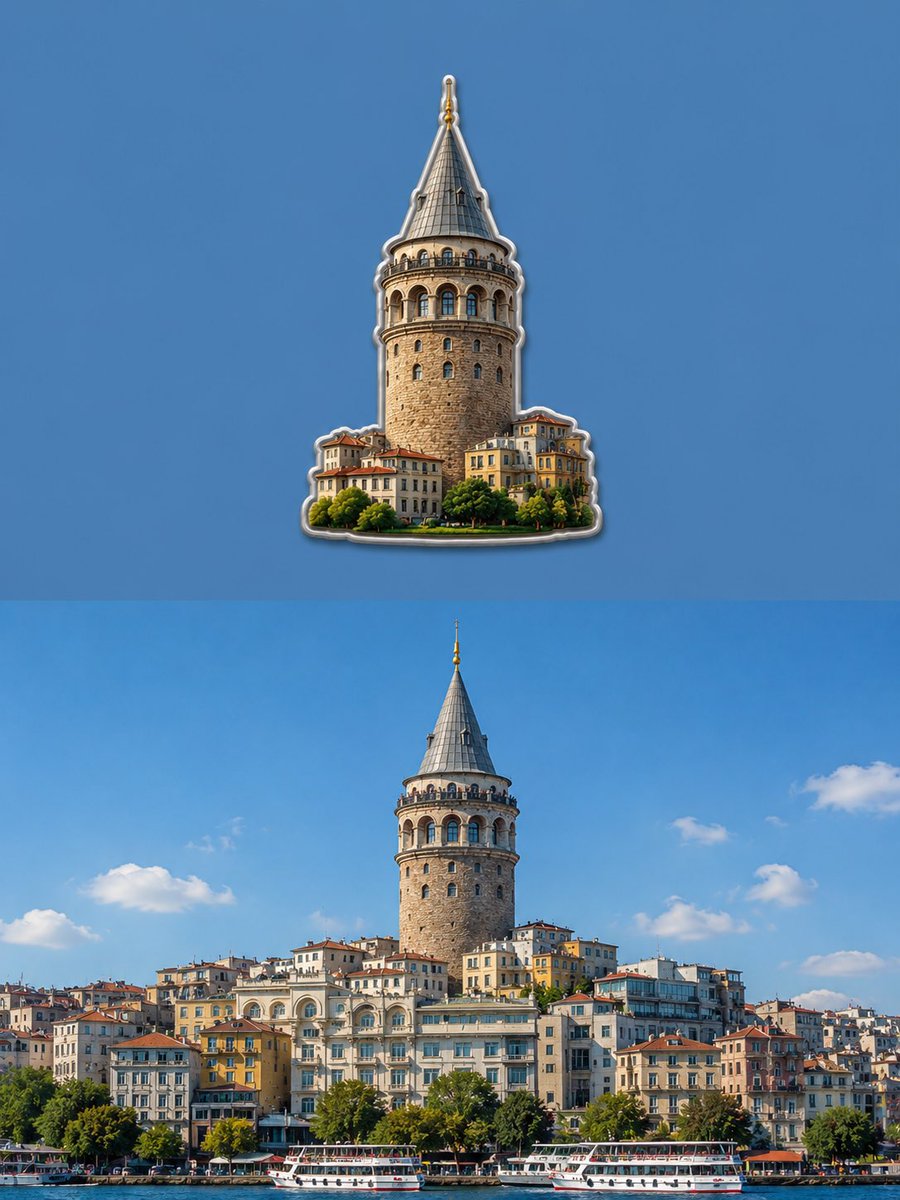 A vertical travel card with a bold metal-edged fridge magnet of the main subject floating on a flat colour field above the untouched photo. The contrast…