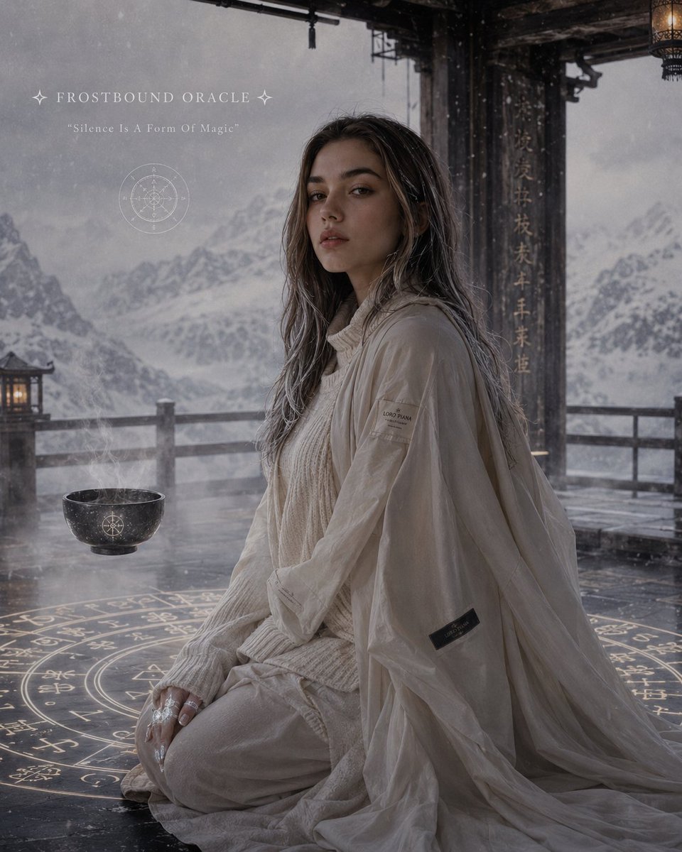 A quiet fantasy fashion editorial set in a snow-covered ryokan that seems to float above frozen peaks. Muted white and grey tones, soft snowfall, drifting…