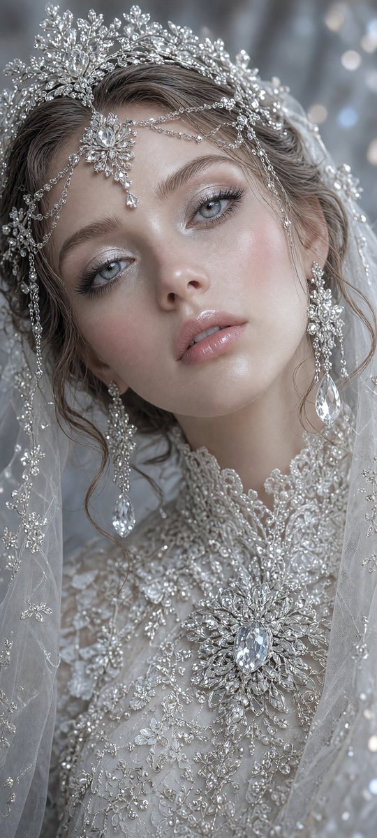 A tilted close-up of a bride framed by a sheer ivory veil, silver filigree and crystal drops catching the light. Icy, glossy makeup stays crisp against the…