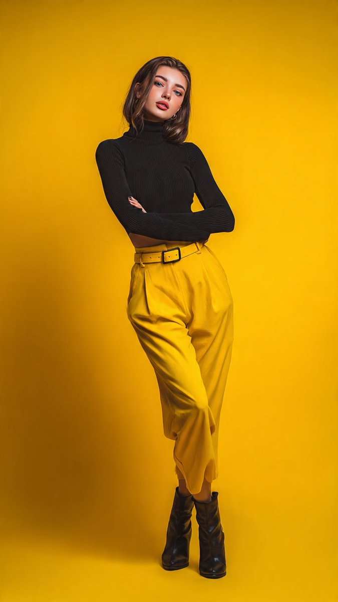 A poised young woman stands in a solid, bright yellow studio space, arms crossed, wearing a black ribbed turtleneck and yellow trousers. The strong color…