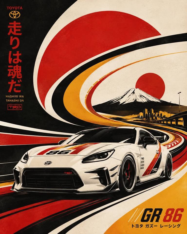 A sleek concept car rushes through sweeping graphic curves in a restricted palette, with airbrushed gradients and soft print grain. The result reads like a…