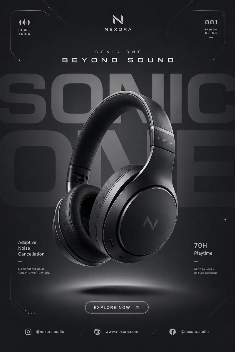 A centered, floating 3D product render sits over oversized cropped background type, with soft reflections and minimal geometric shapes. It reads as a clean…