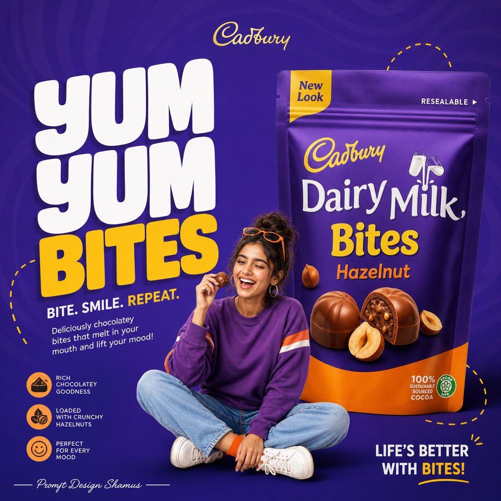 A bold vertical poster built around an oversized product packshot on the right, a lifestyle model in the lower center, and stacked rounded headline type on the…