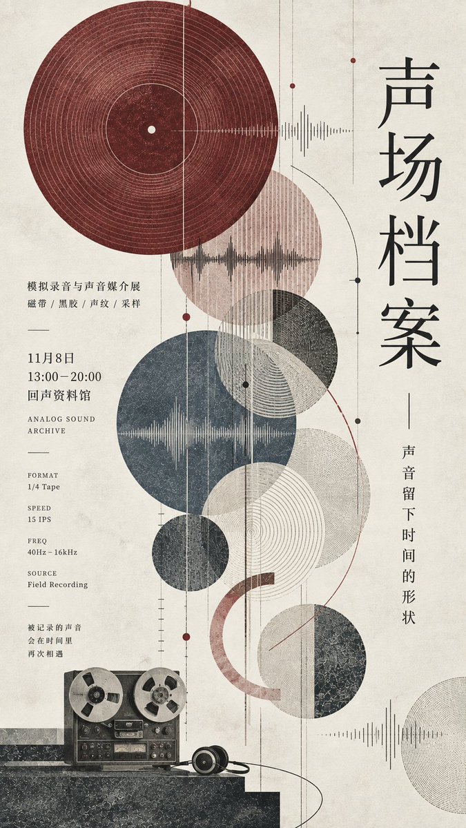 A restrained vertical poster built from circles, rings and fine lines, with a large slender title on the right and a small figure anchoring the lower center.…
