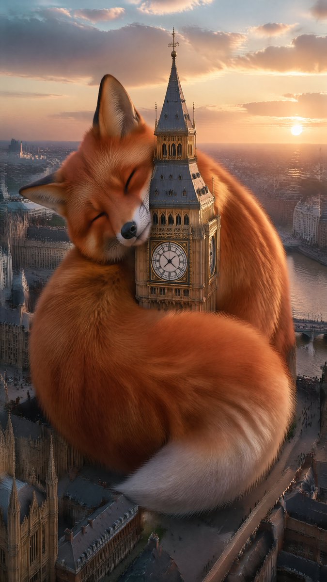 A colossal animal sleeps coiled around a famous London structure at sunset while the surrounding streets shrink to toy-sized models. The scale contrast and…