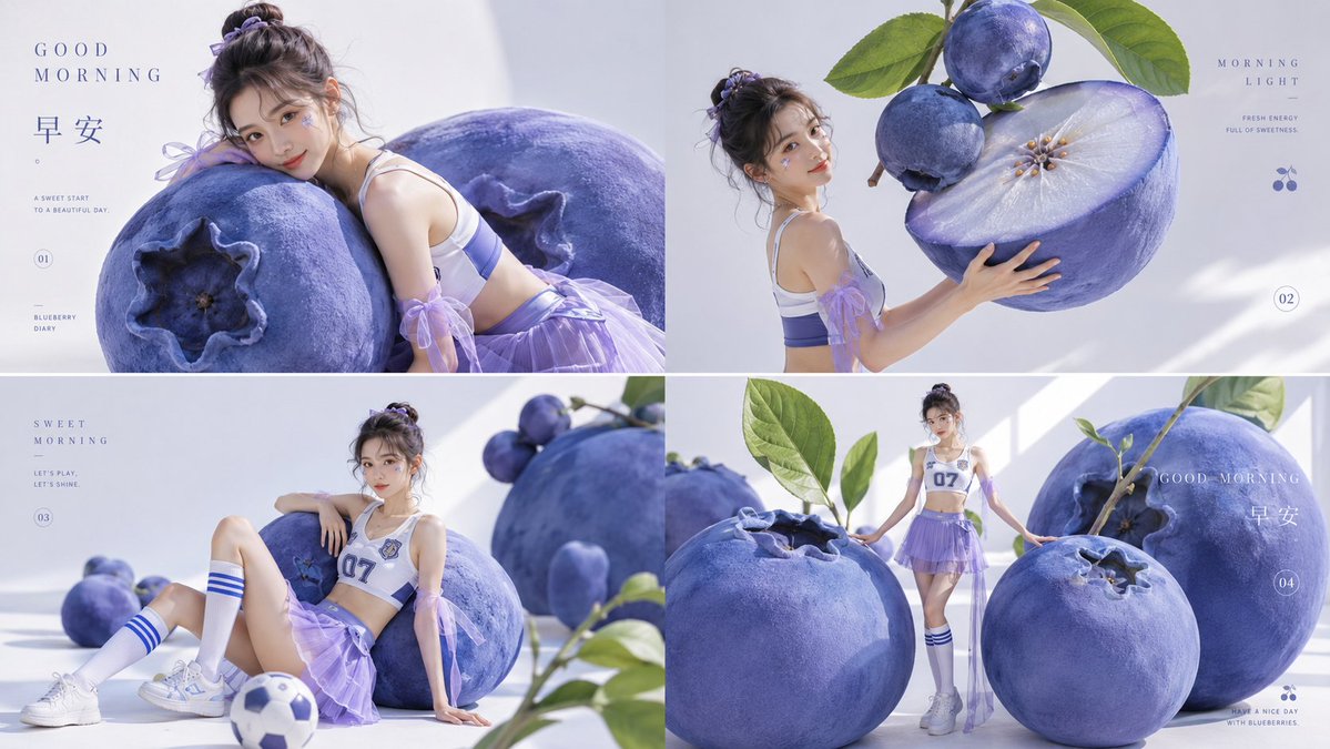 Four panels show one model dwarfed by oversized soft blueberries in a bright, airy white studio. Tulle and pleated layers catch the light, and the sweet blue…