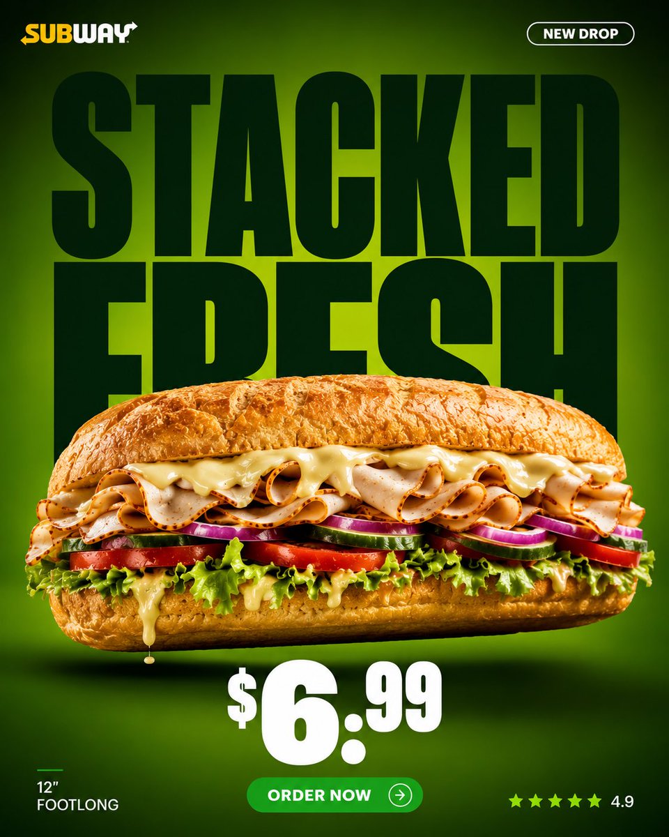 A single oversized sandwich floats at the center of a deep green gradient, lit like a luxury product shoot. Bold condensed headline type sits above it, with…