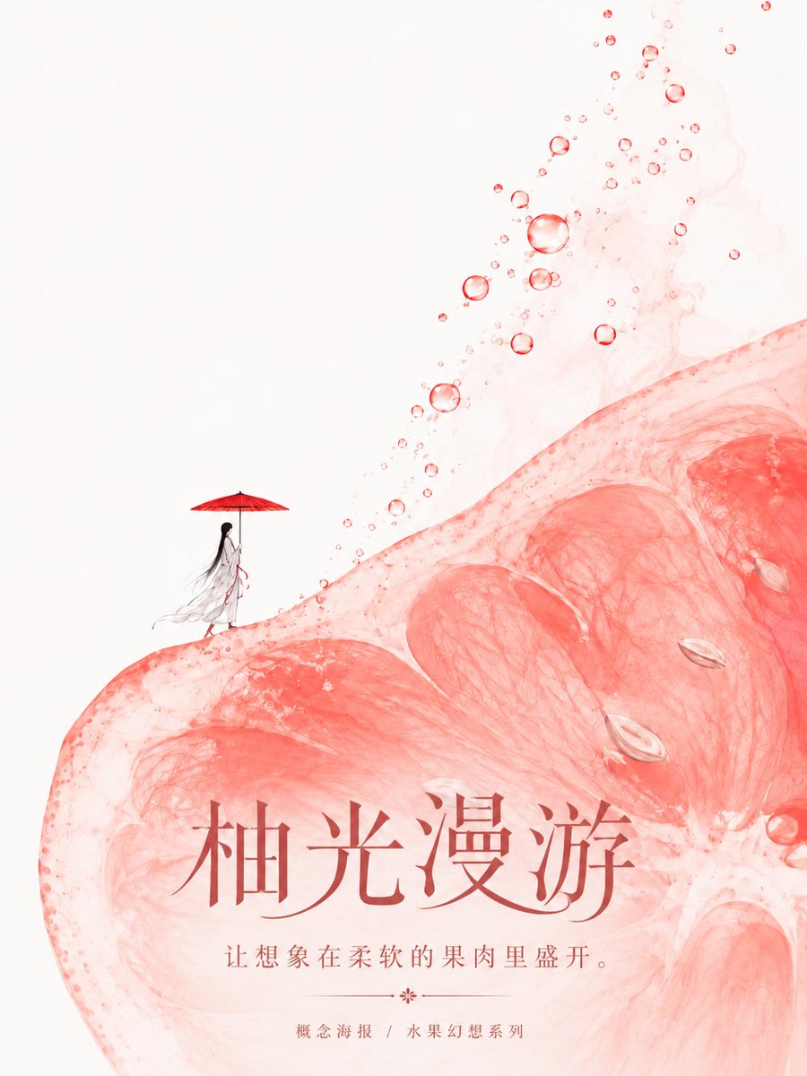 A minimalist vertical poster where a huge translucent fruit slice fills the lower right, with a tiny figure holding a red paper umbrella standing on its curved…