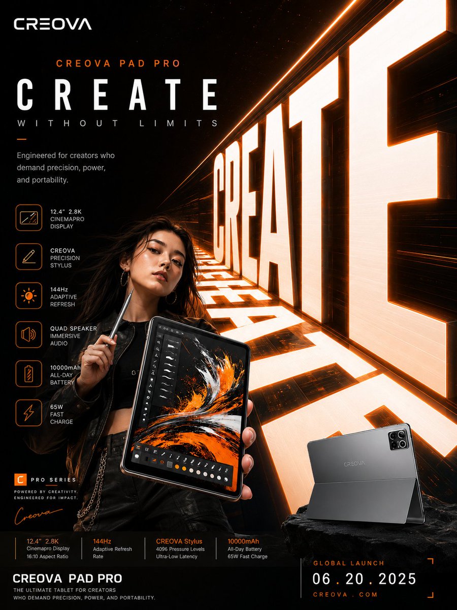 A vertical campaign poster where oversized bold letters form the stage behind a hero product and a posed model. The headline recedes in strong perspective, so…