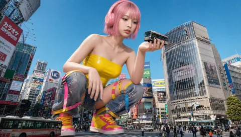 Persona gigante tra minuscole figure urbane nella foto