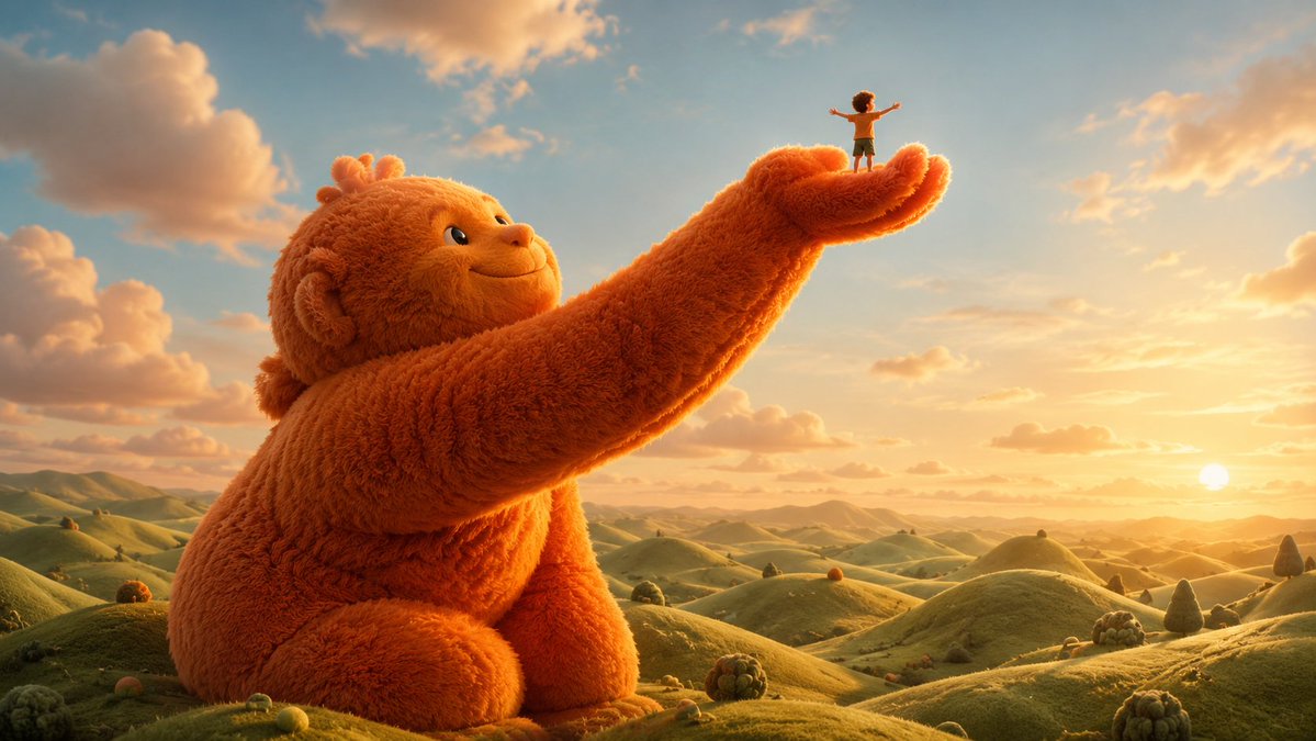 Giant Plush Creature Sheltering a Child in 3D — AI result, variation 2 of 4