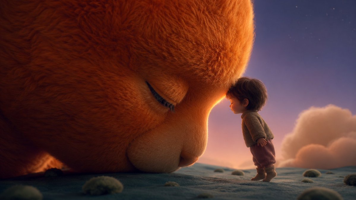Giant Plush Creature Sheltering a Child in 3D — AI result, variation 3 of 4
