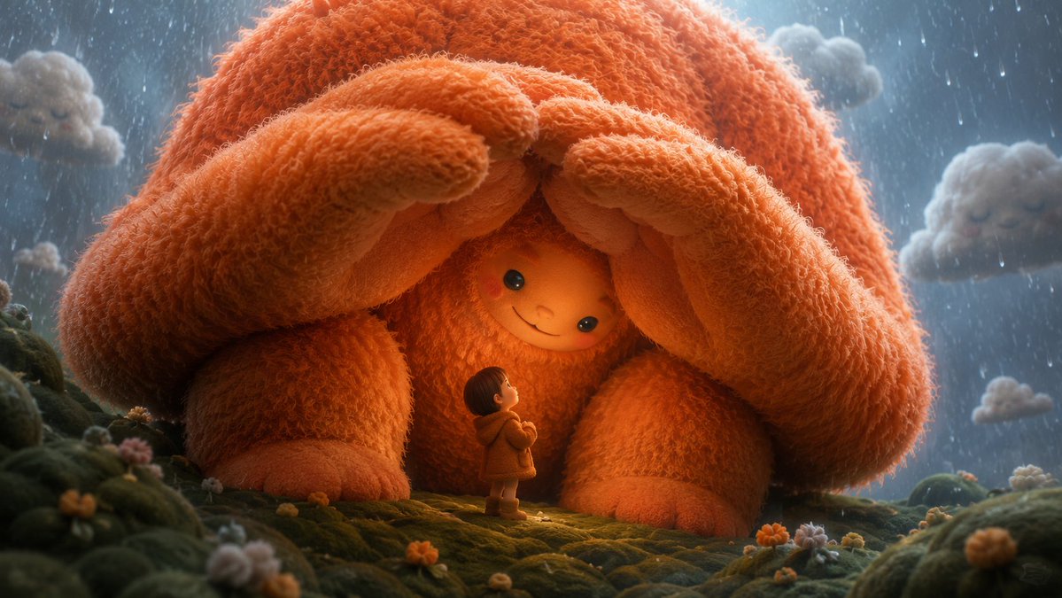 Giant Plush Creature Sheltering a Child in 3D — AI result, variation 4 of 4