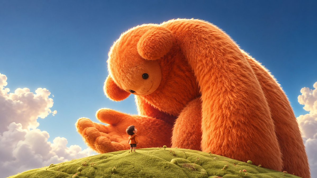 A colossal tangerine plush creature bends over a tiny child on a lime-green velvet hill, its fuzzy hand cradling rather than looming. The sky is wide and…