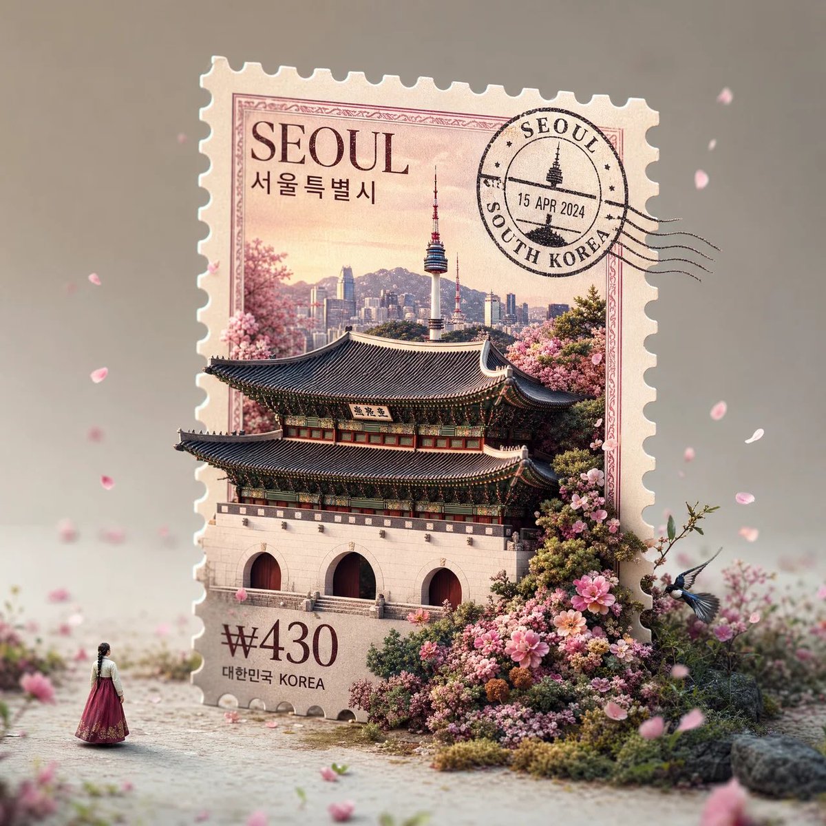 A oversized vintage stamp stands upright in a pastel studio, its 3D landmark breaking free of the perforated edges while tiny figures look up at it. The mix of…