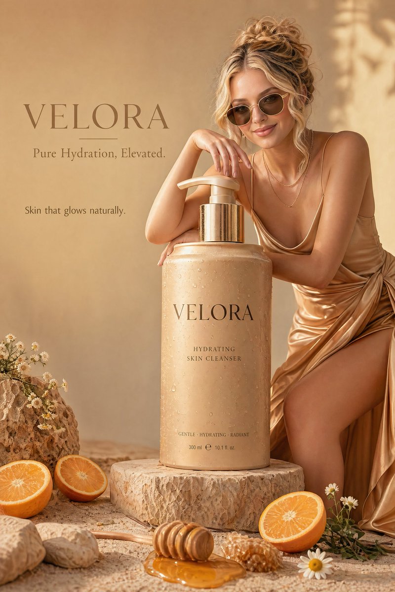 Giant Skincare Bottle Editorial Ad With Model — AI result, variation 2 of 2