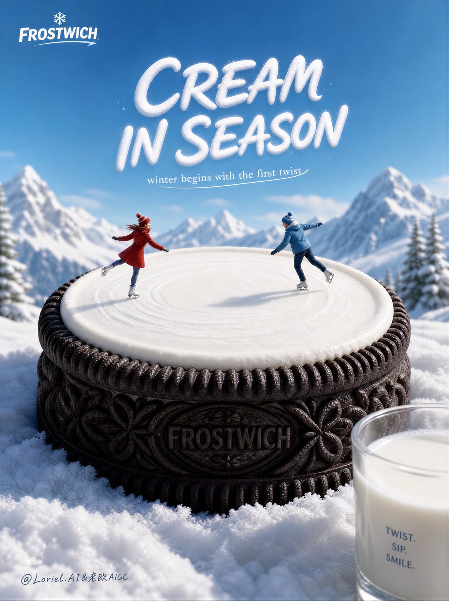 A monumental dark cocoa sandwich cookie sits in a bright alpine snowfield, its vanilla creme smoothed into a skating rink for two tiny figures. The product…