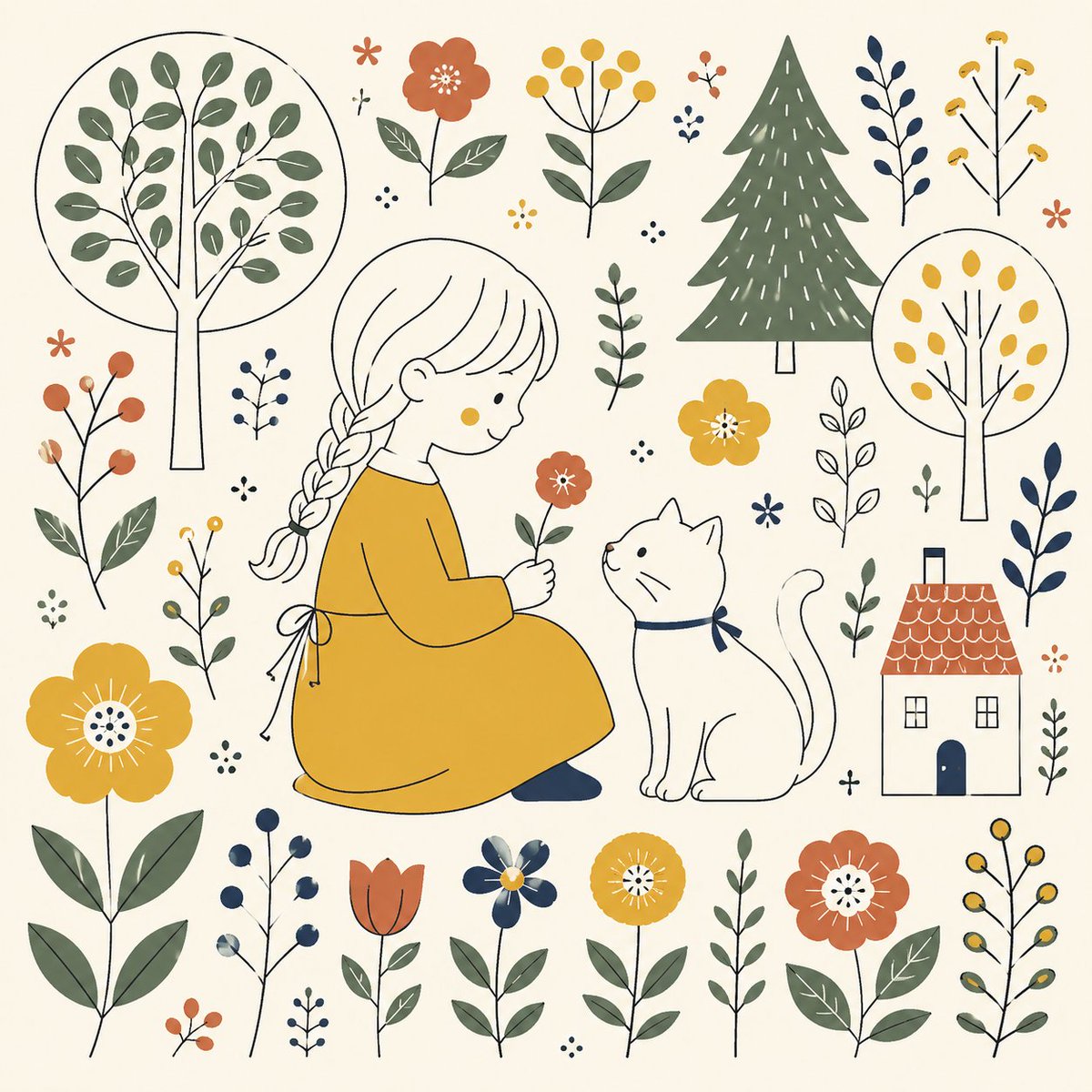 A girl and a cat share a tidy picture-book scene framed by flower and tree motifs. Thin, even lines and rounded flat shapes sit on a muted palette of mustard…