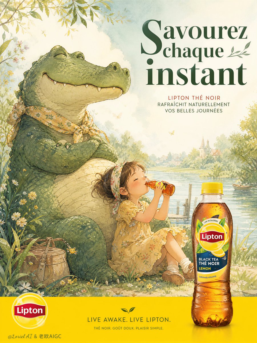 A soft pastel storybook scene where a little girl shares a cup of tea with an oversized, kind-faced crocodile by a quiet river. A realistic Lipton bottle sits…