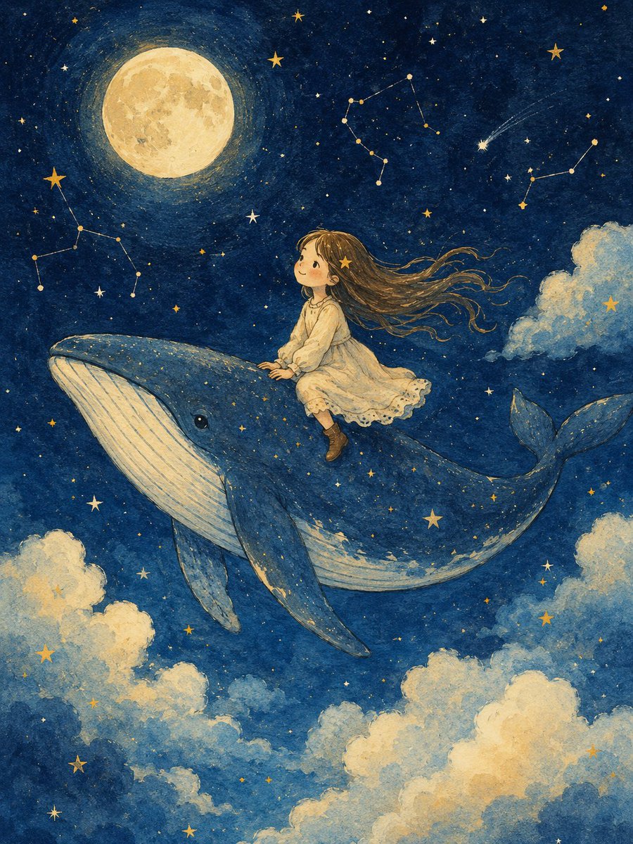 A girl sits on the back of a flying whale under a full moon, with constellations and clouds drifting across a deep blue sky. The hand-drawn texture and warm…