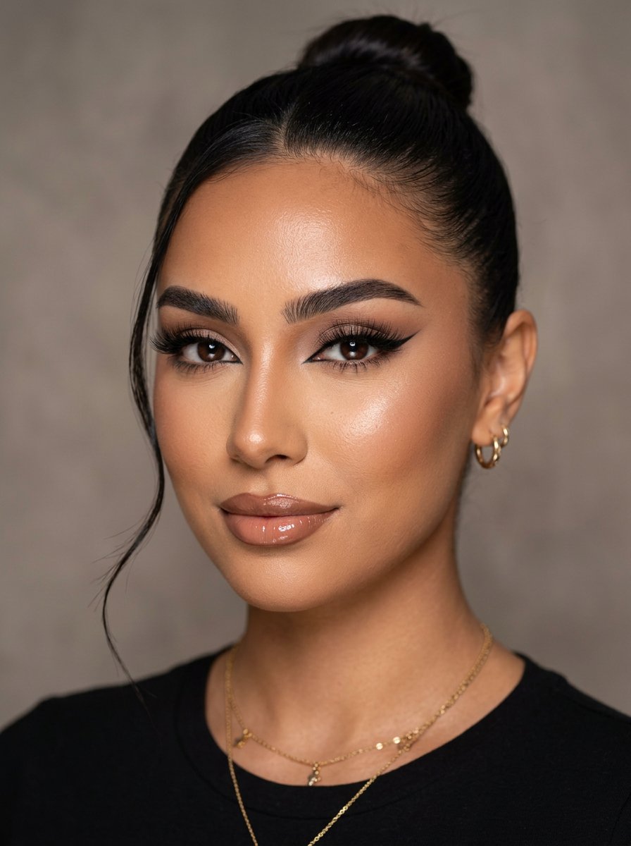 A close beauty portrait with dewy, glassy skin, sharp fox-eye liner and a sleek high bun with one loose strand at the temple. Soft contour and lit cheekbones…