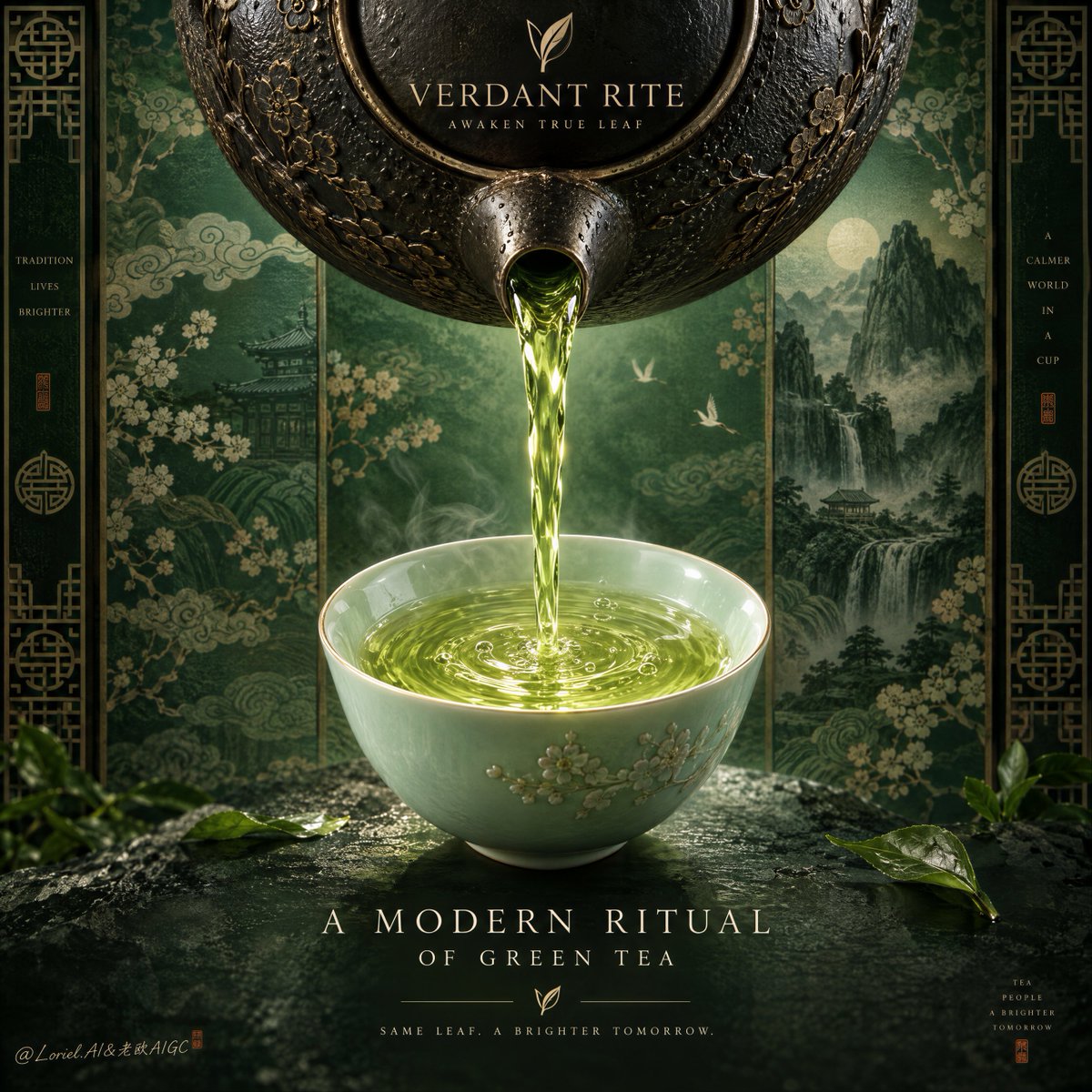 Glowing Green Tea Pour Poster With Celadon Bowl — AI result, variation 2 of 2