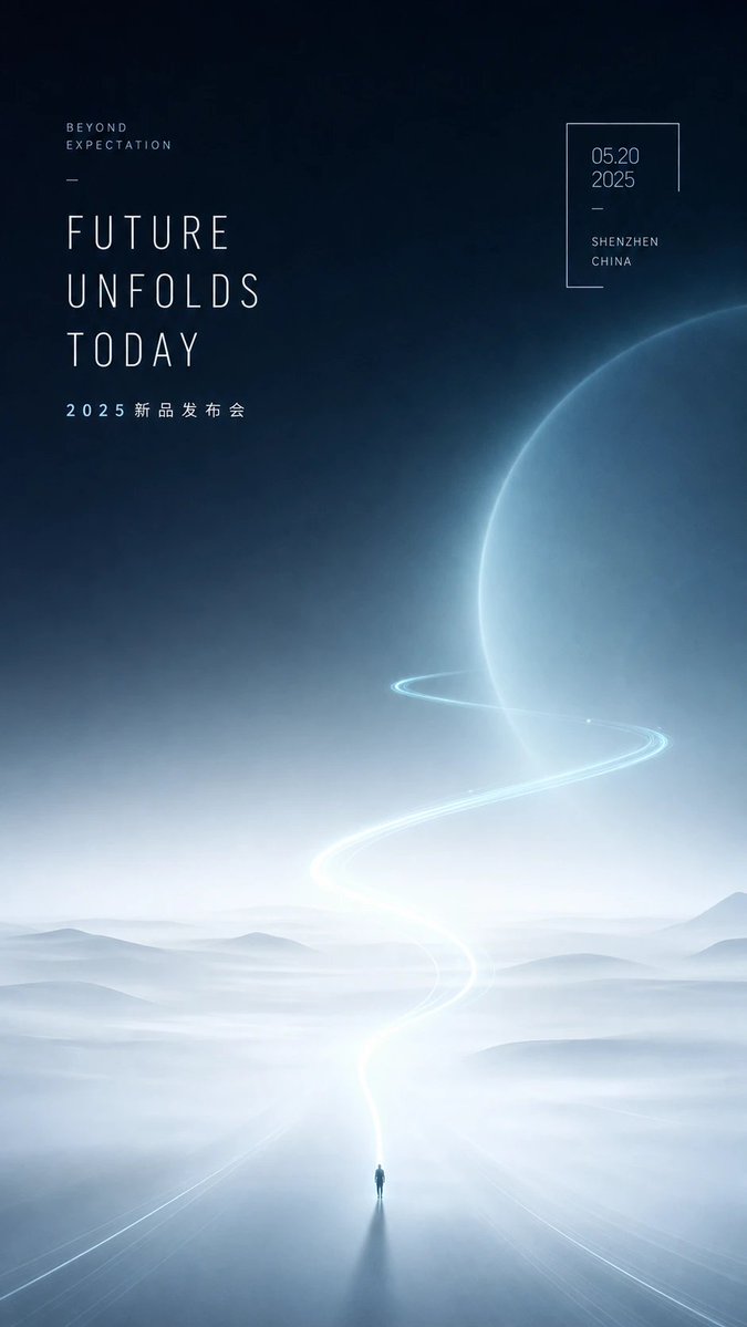A quiet, futuristic poster with a large dark field at the top and a glowing curve that drifts through soft mist toward the distance. A tiny figure at the…