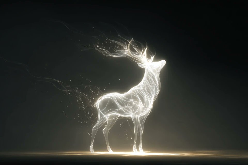 A solitary figure made of soft, radiant white light stands in a dark, empty void, its edges dissolving into shimmering energy. The result feels ghostly and…