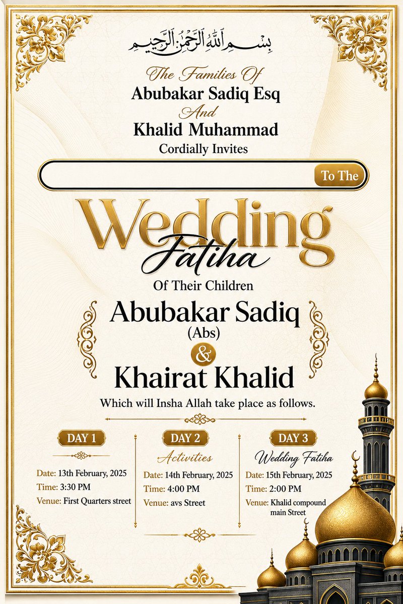 A vertical cream card framed in gold arabesque borders, with Arabic calligraphy at the top, names in bold serif type, and three event panels laid out for an…