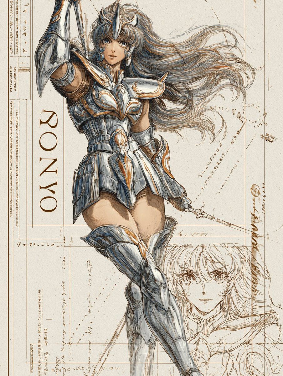 A heroic warrior in gilded armor and a flowing cape fills the center of a sketch-and-blueprint poster, with a close-up portrait beside him. Clean black…