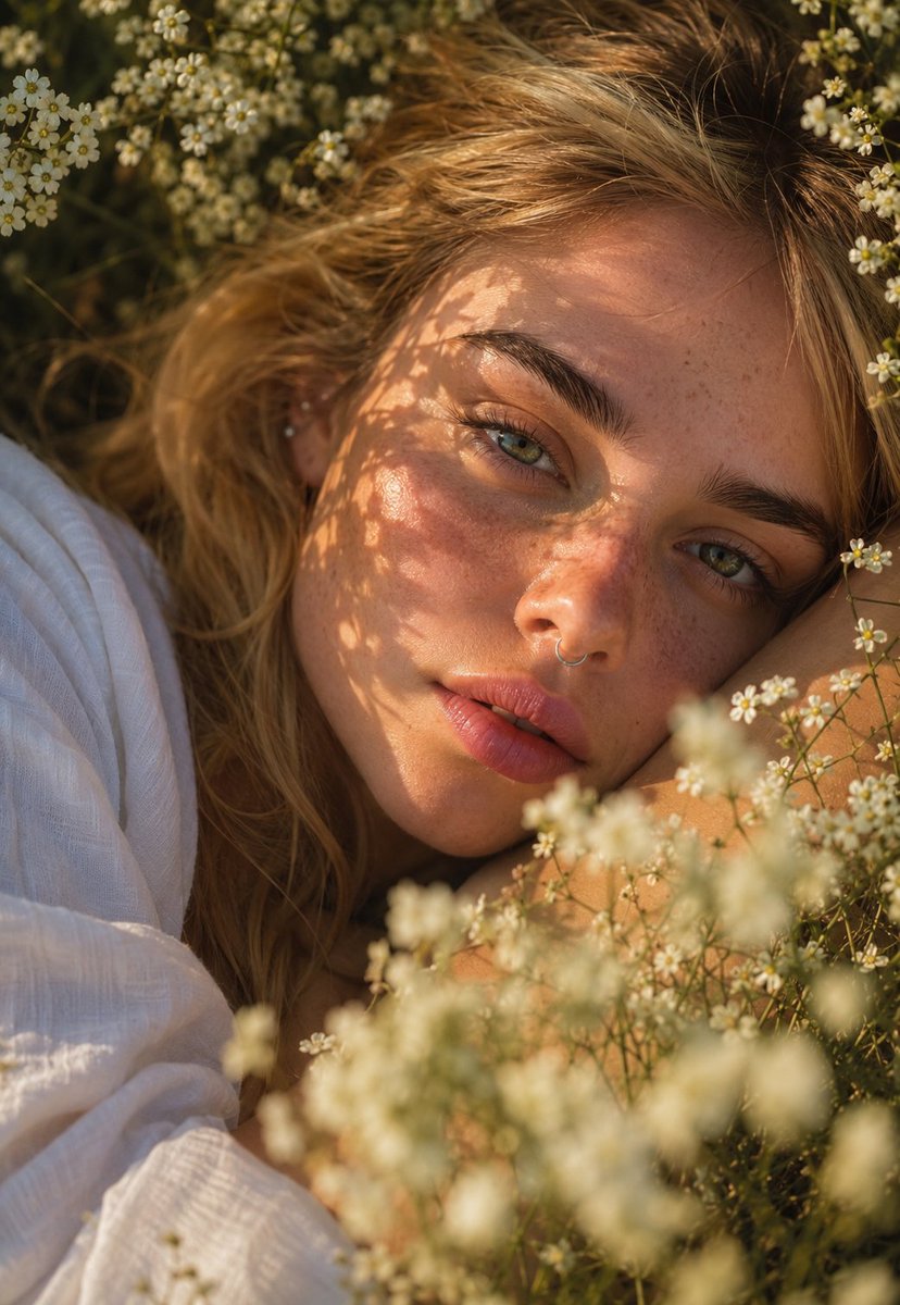 A close, candid portrait of a freckled woman resting in a field of white baby's breath, lit by low golden sun. Dappled leaf shadows and dewy skin give it a…