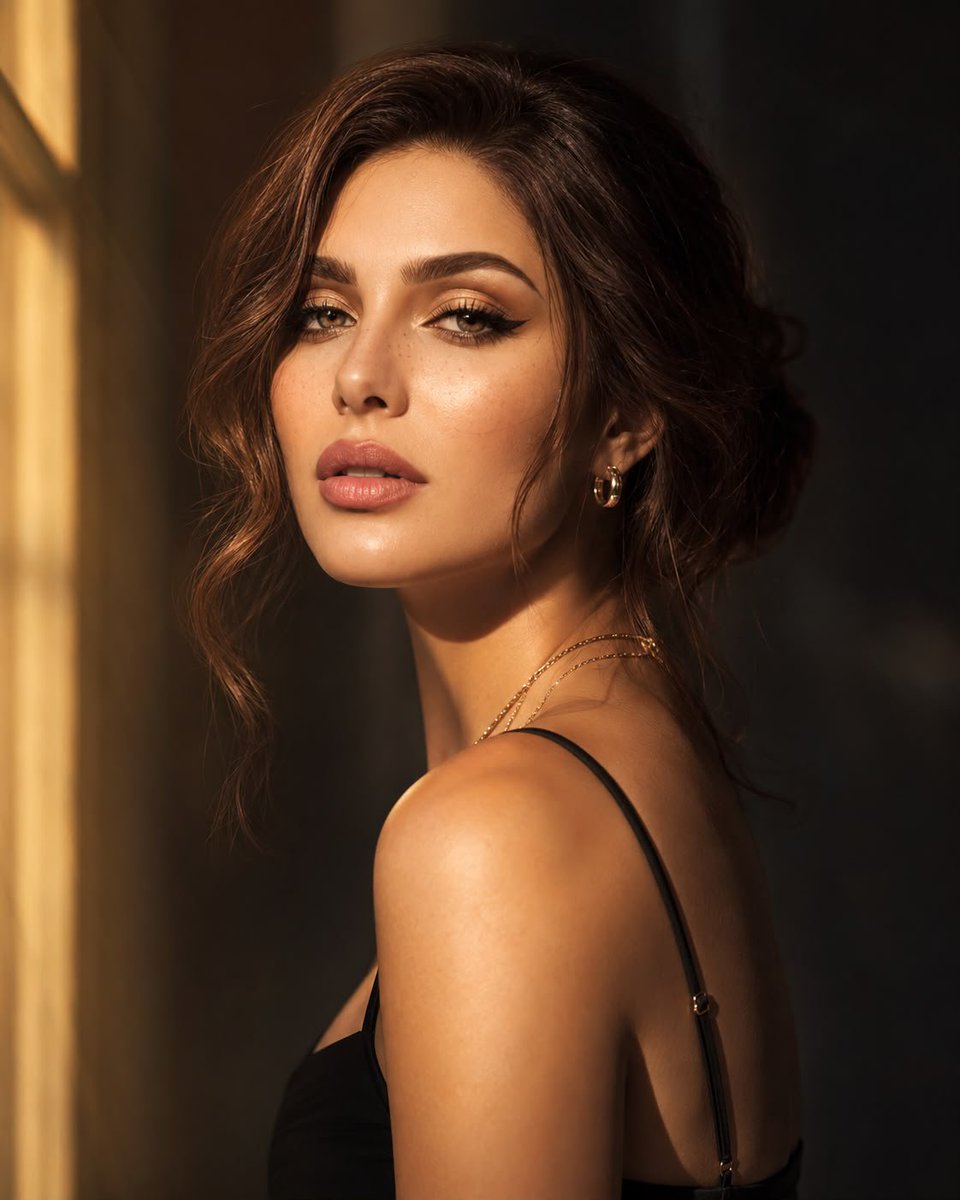 A close three-quarter portrait of a young woman glancing over her shoulder in warm sunset light, with one side of her face glowing and the other in soft…
