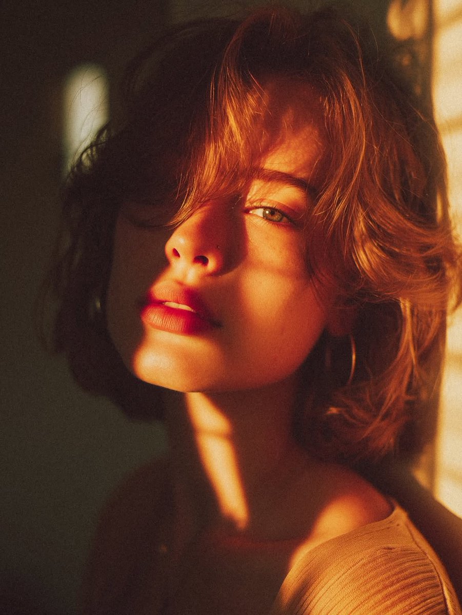 A tight, moody close-up of a woman with a short brunette bob, half her face washed in amber sunlight and the rest falling into soft shadow. Grain, bokeh and…