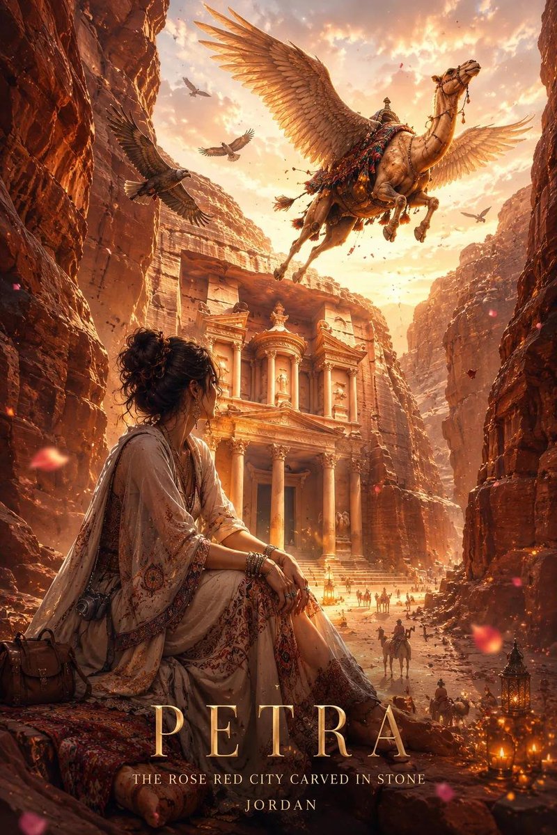 A vertical travel poster in warm amber and rose light, with a traveler on a stone ledge watching a mythical winged creature sweep past a landmark. Painterly…